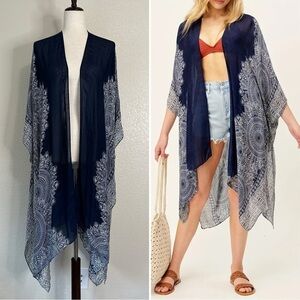 Lovestitch Blue Bohemian Print Open Front Kimono Coverup, One Size
